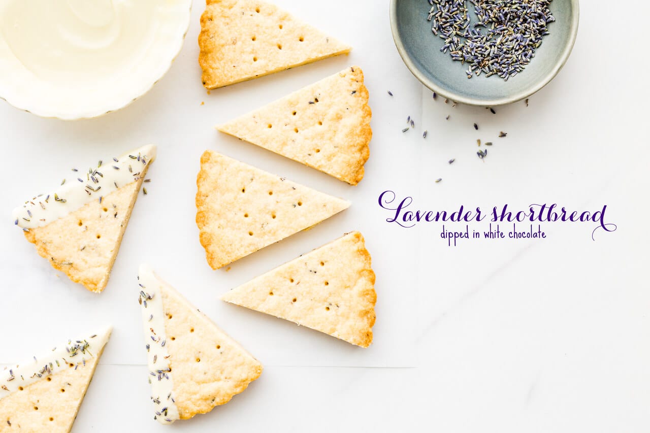 Classic shortbread cookies- lavender shortbread cut into triangles and dipped in white chocolate