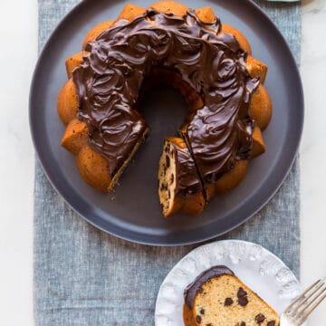 Easy chocolate chocolate chip bundt cake sliced