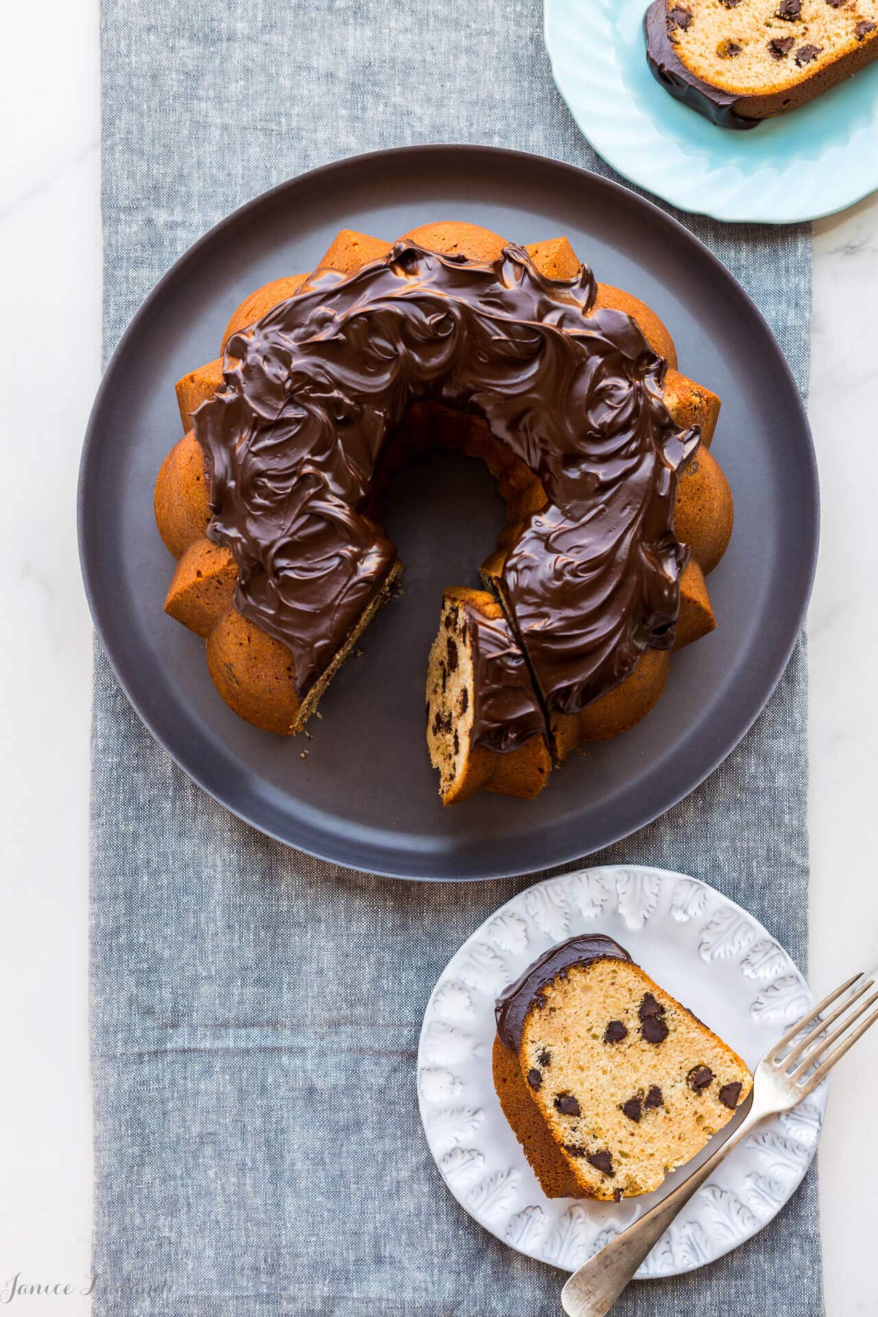 Easy chocolate chocolate chip bundt cake sliced