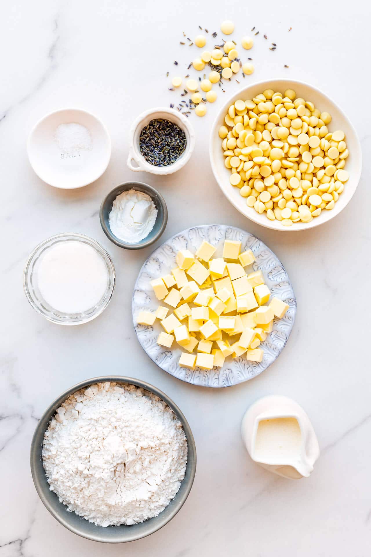 Ingredients for white chocolate lavender scones