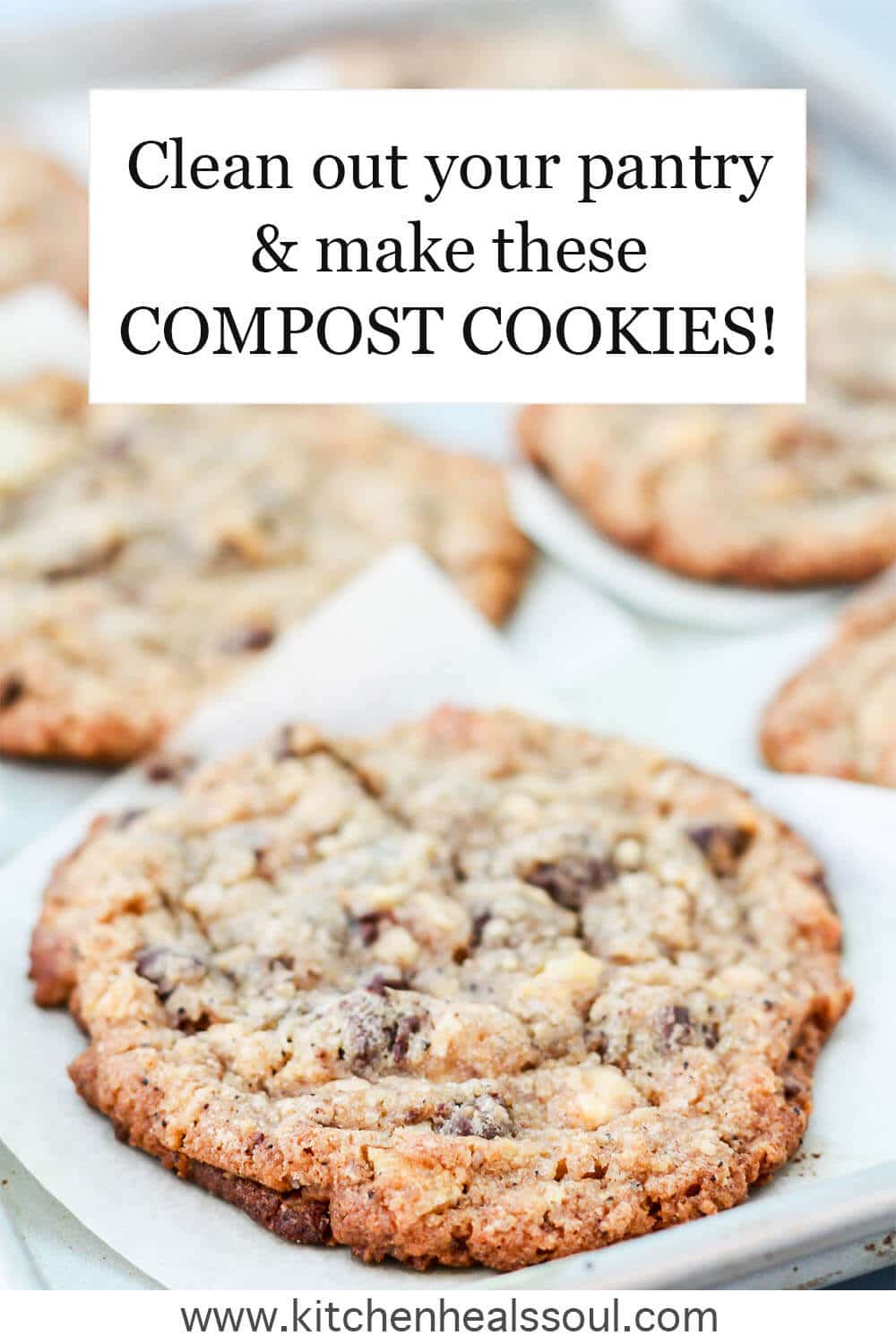 Compost cookies (also called kitchen sink cookies) baked on parchment lined baking sheet