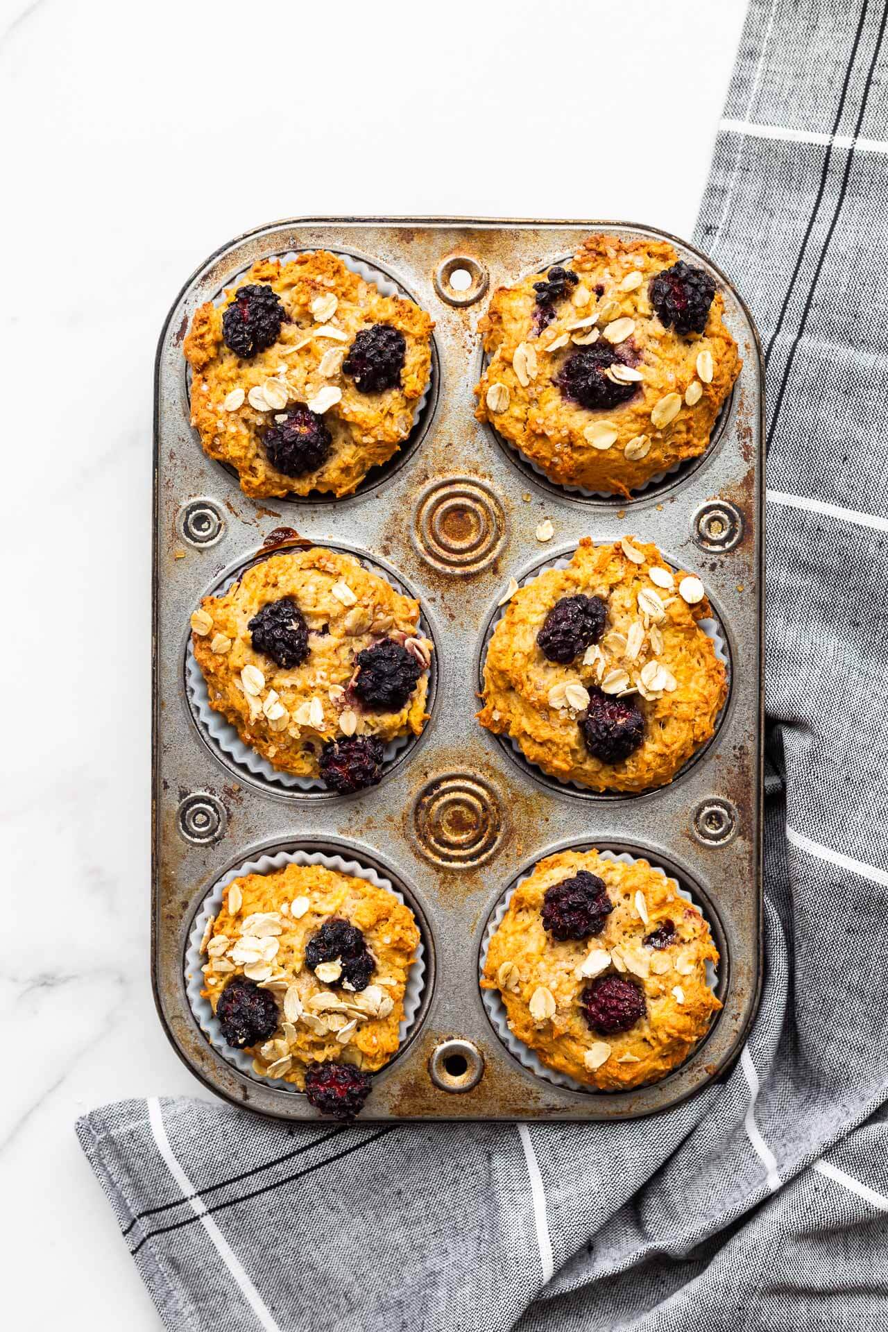 Freshly baked blackberry oat muffins