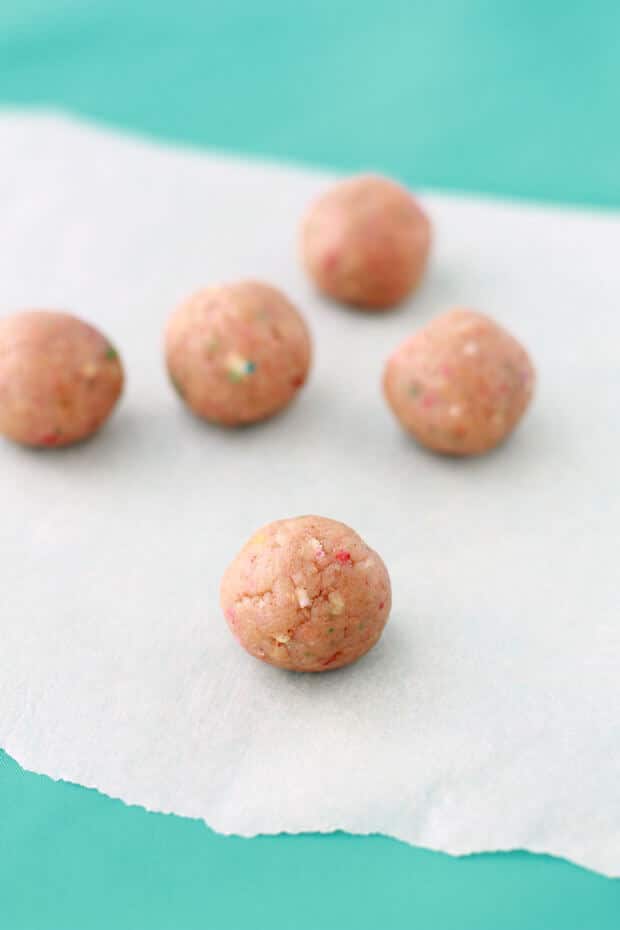 Momofuku Milk bar birthday cake truffles before coating in white chocolate and crumbs