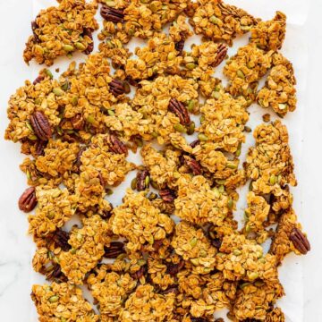 Homemade granola clusters, broken up into large chunks