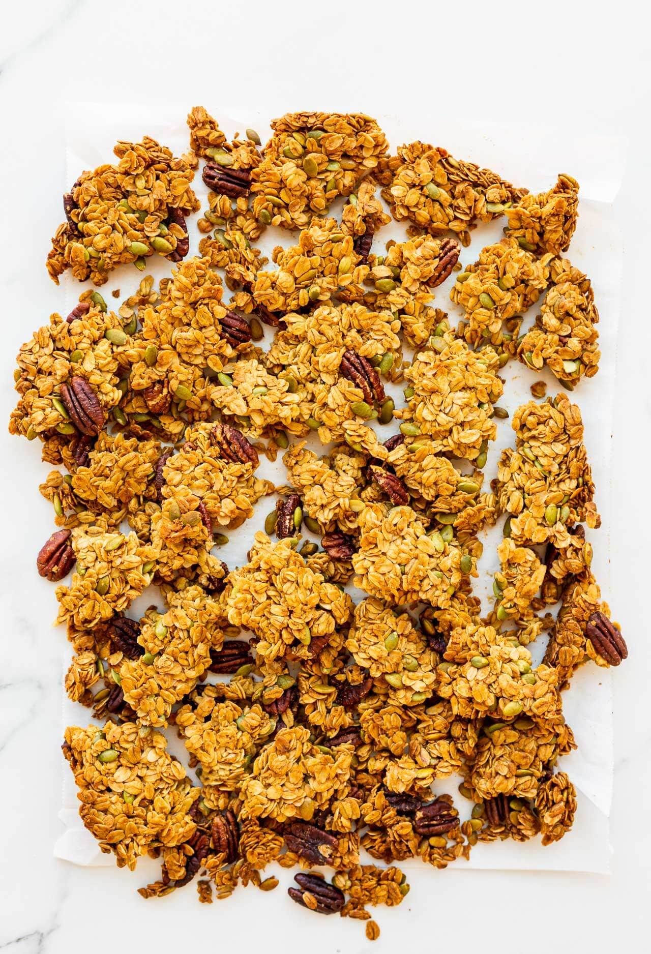 Homemade granola clusters, broken up into large chunks