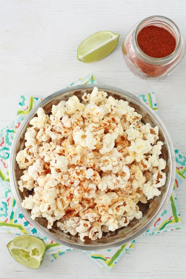 Chili lime popcorn made with chili powder, lime zest