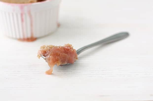 Rhubarb pudding cake baked in a ramekin.