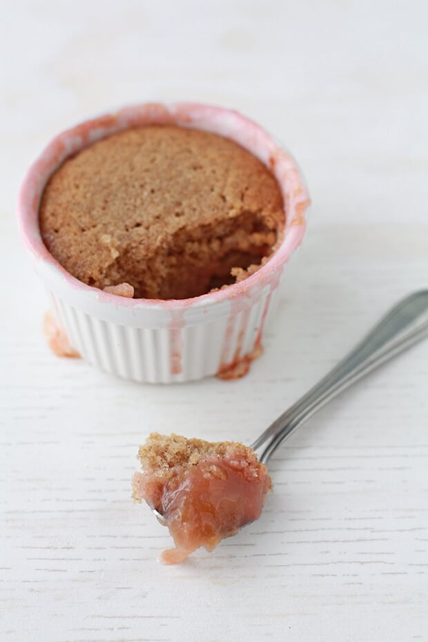 Buckwheat pudding cake with rhubarb compote on the bottom, eat with a spoon to grab the sauce and cake in every bite