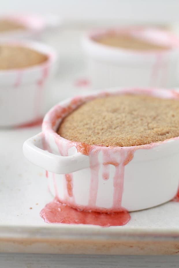 Ramekins of rhubarb pudding cake.