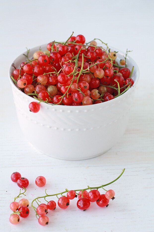 A white bowl filled with red currants.