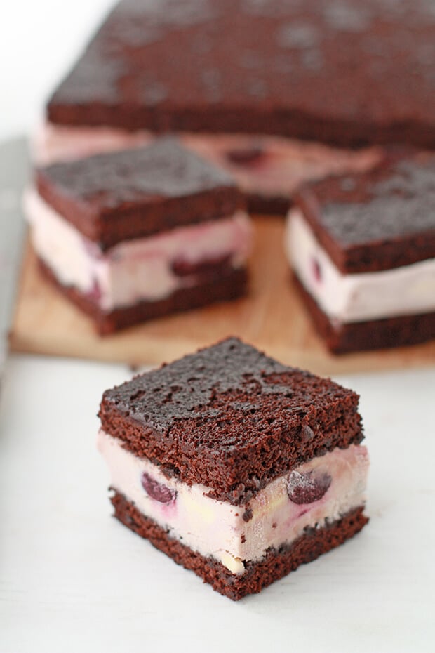 Homemade ice cream sandwiches cut from a larger ice cream cake.