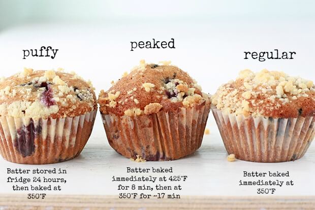  Trois muffins cuits à différentes températures, et certains à partir de pâte réfrigérée, pour montrer comment le dôme et le dessus des muffins sont affectés par la température.