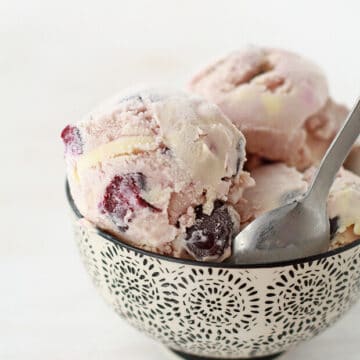 Scooped homemade cherry bourbon ice cream