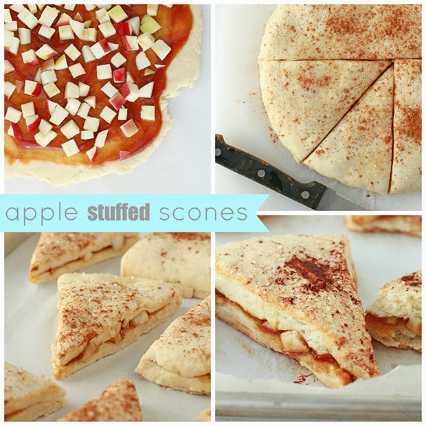 A collage showcasing how to make apple stuffed scones. Image 1 shows a disk of scone dough rolled out and topped with a smear of apple butter and chopped apple. Image 2 is the assembled stuffed dough, cutting into wedges with a knife. Image 3 is the stuffed scones before baking on a parchment-lined sheet pan. Image 4 is the baked stuffed apple pie scones