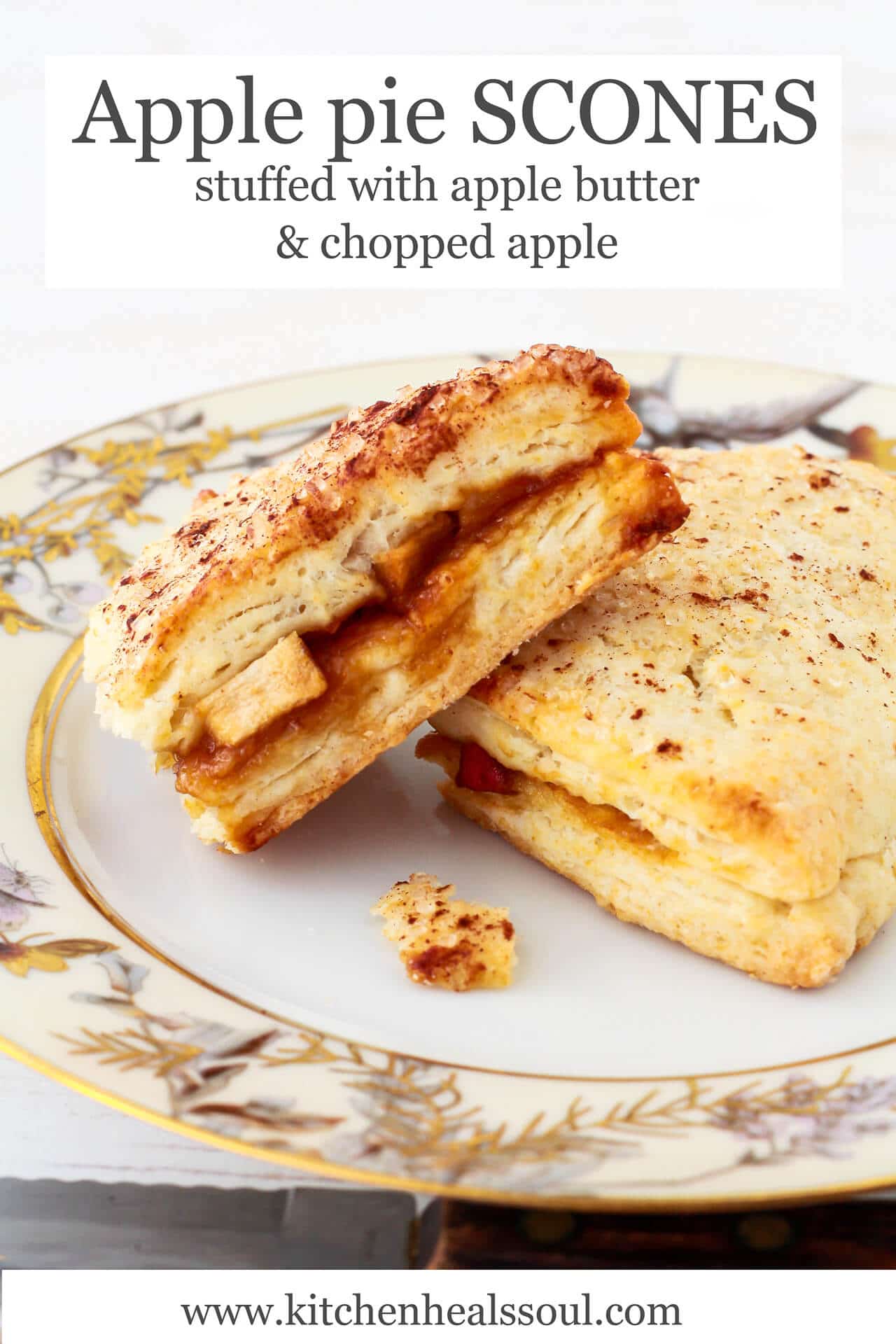 Triangle scones stuffed with apple pie filling served on a plate