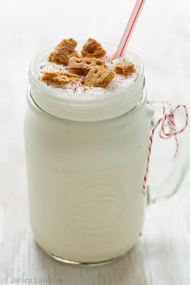 Spiked eggnog milkshake topped wtih crumbled graham crackers for a festive holiday drink
