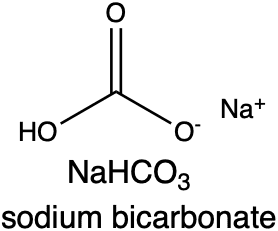 Chemical formula and structure of baking soda (sodium bicarbonate, NaHCO3).