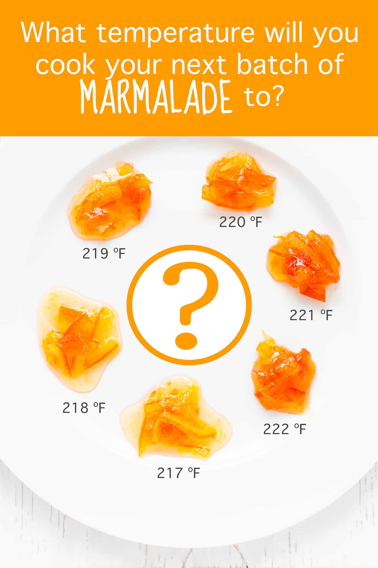 a palette of orange marmalades with varying thickness and set, some runnier others thicker, to show impact of cooking temperature on marmalade set