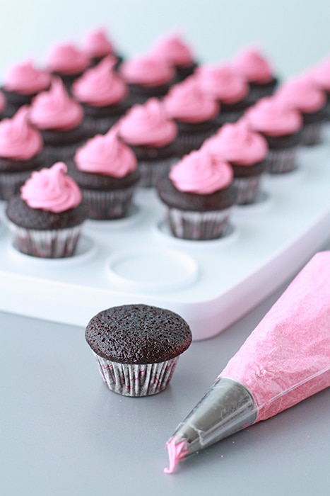 chocolate cupcakes with raspberry frosting and piping bag of frosting