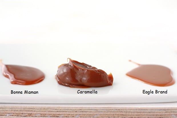 Comparison of three brands of store bought dulce de leche: Bonne Maman, Caramella, and Eagle Brand.