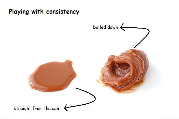 Comparison of two dollops of dulce de leche: the dollop on the left is very fluid, while the dollop on the right is boiled down so it is more thick.