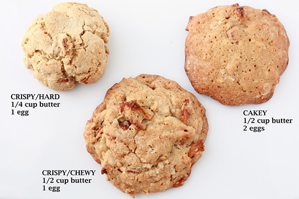 Crispy versus chewy versus cake-y whiskey apple bacon cookies