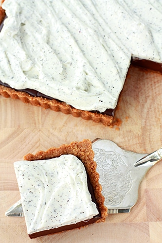 a square of chocolate tart with whipped cream flecked with tea leaves