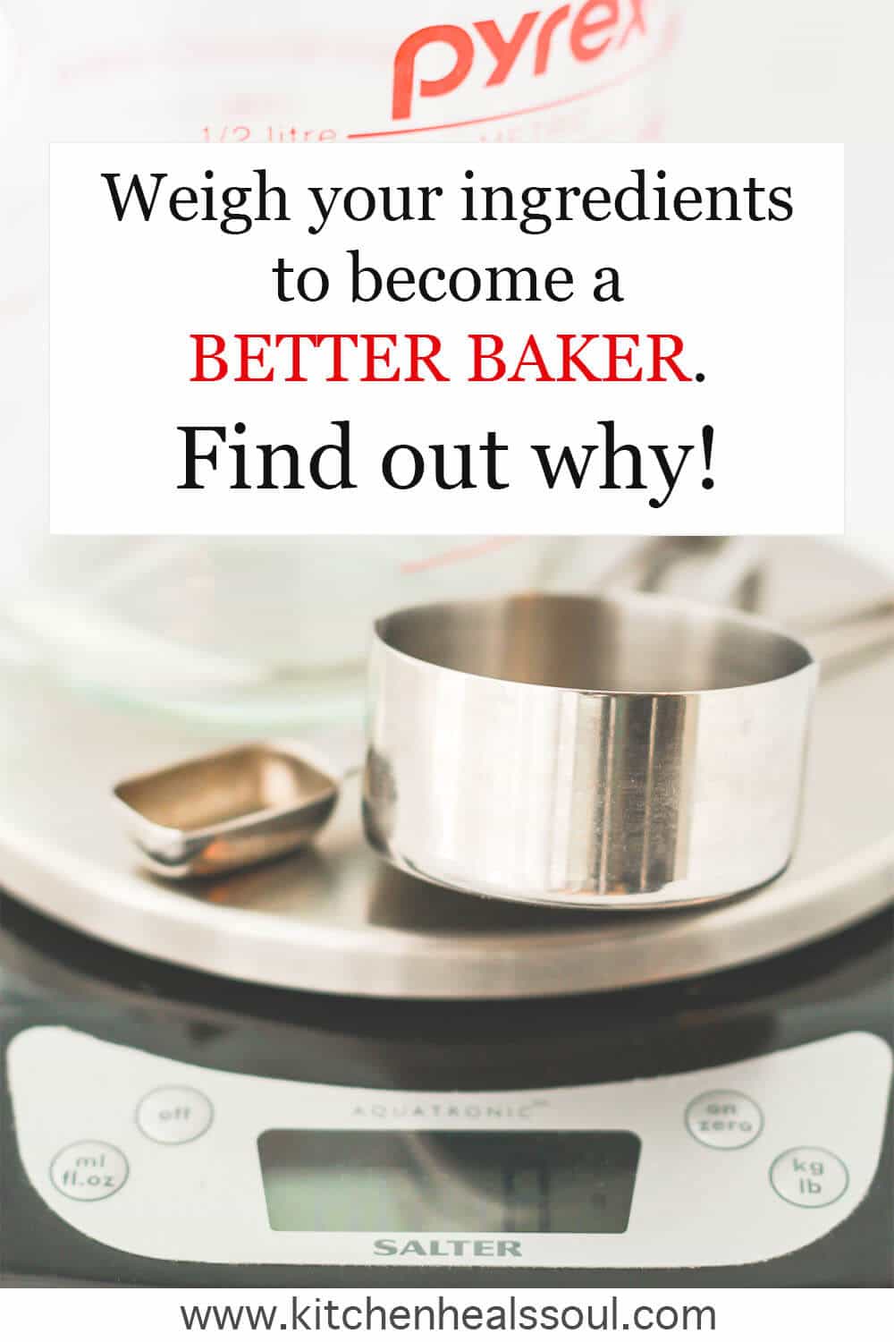 A kitchen scale with a stainless dry measuring cup, a measuring teaspoon, and a glass Pyrex liquid measuring cup