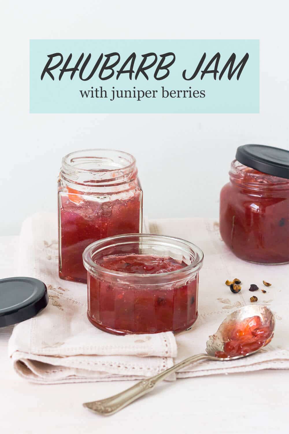 Jars of naturally pink rhubarb jam flavoured with juniper berries