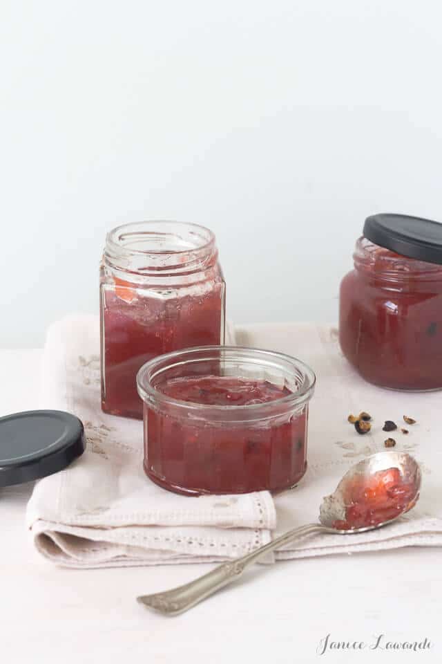 jars of rhubarb jam flavoured with juniper berries