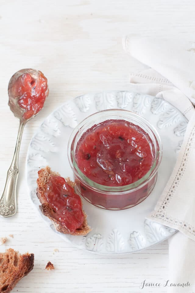 pink rhubarb jam with juniper berries takes jam toast to the next level