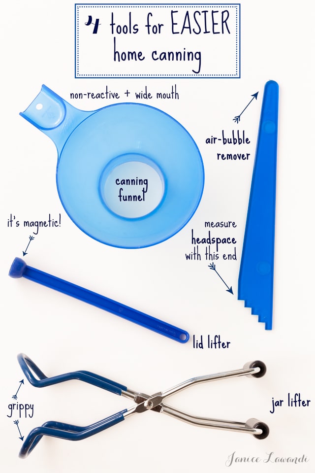 4 tools for easier home canning including a non-reactive funnel, a headspace measurer, a lid lifter, and a jar lifter.