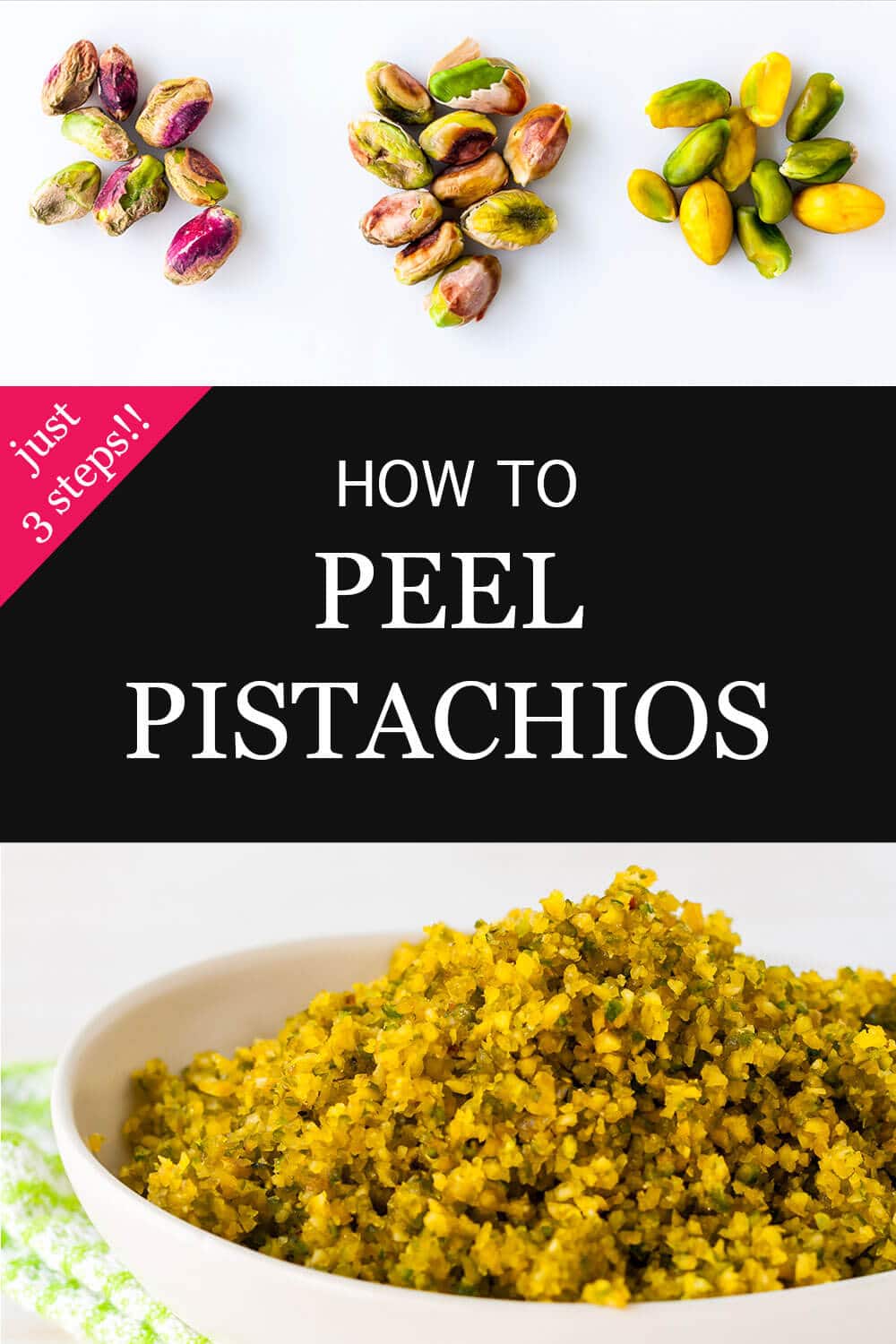 How to peel pistachio nuts to remove skins showing shelled pistachios before boiling, after blanching, then peeled to reveal green pistachio nut
