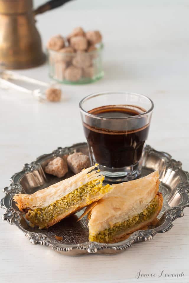 Pistachio baklava served with Turkish coffee