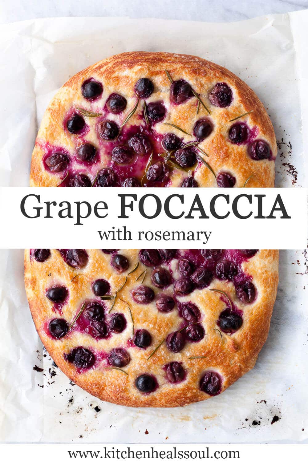 Grape focaccia freshly baked with rosemary