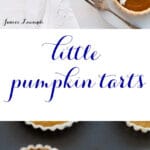 little homemade pumpkin tarts made with an all butter crust and a homemade pumpkin filling, decorated with sweetened whipped cream