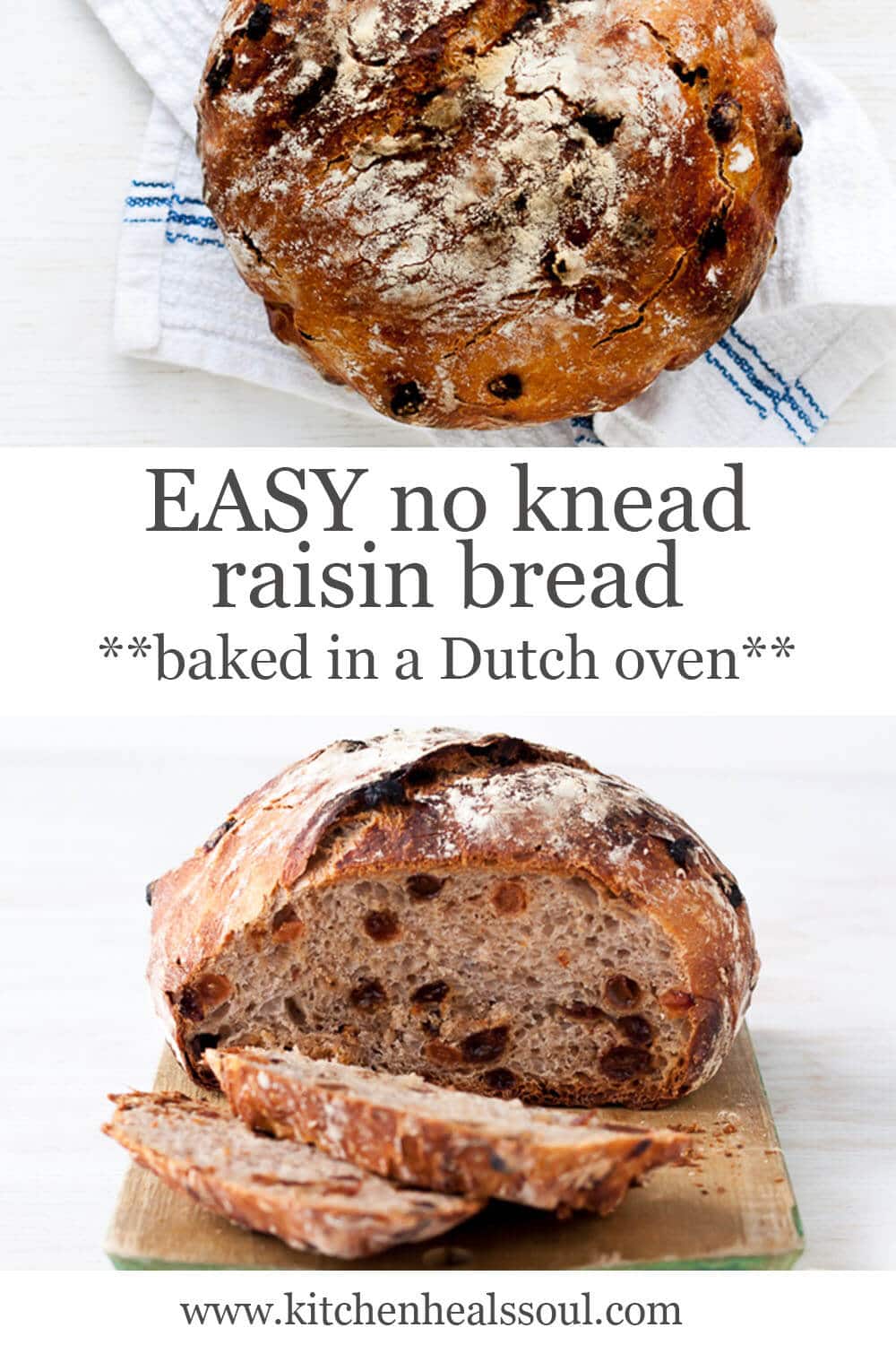 Crusty loaf of no knead raisin bread (round boule) and sliced raisin bread on wood cutting board