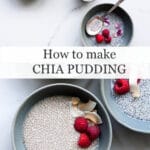 Bowls of chia pudding topped with raspberries and flaked coconut. Some chia puddings made with white chia others made with black chia