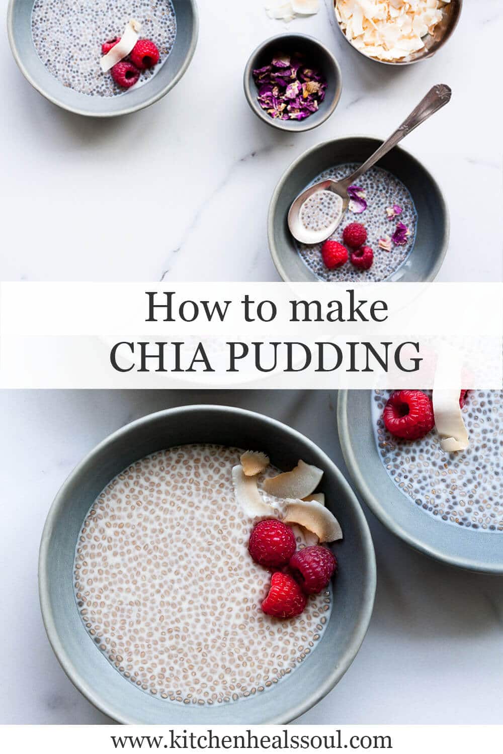 Bowls of chia pudding topped with raspberries and flaked coconut. Some chia puddings made with white chia others made with black chia