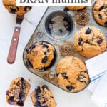 Blueberry bran muffins text overlaid over photo of the muffins displayed in a vintage muffin pan