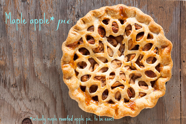 Maple apple pie with roasted apples and intricate pie crust design.