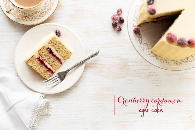 Cranberry cardamom cake with cream cheese frosting and sugared cranberries