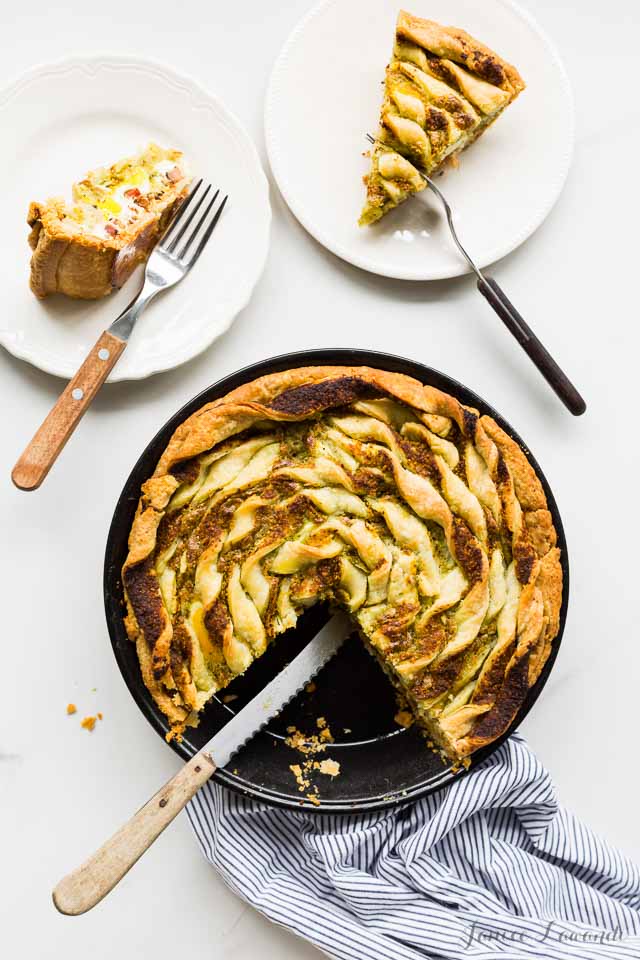 Bacon & egg pie with ramp pesto | Kitchen Heals Soul https://bakeschool.com/2016/05/26/bacon-egg-pie/html