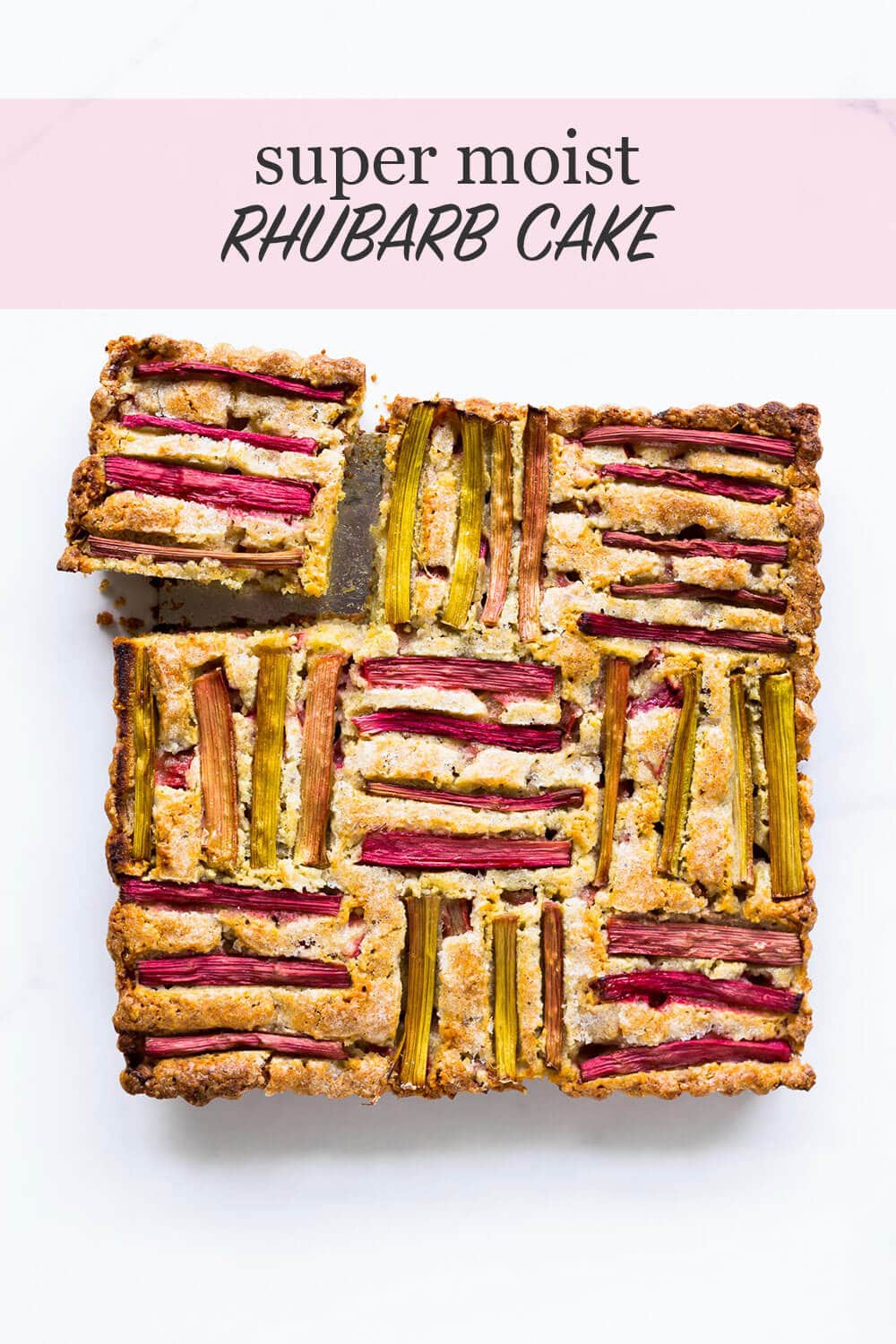 Rhubarb cake with rhubarb arrangement in woven pattern