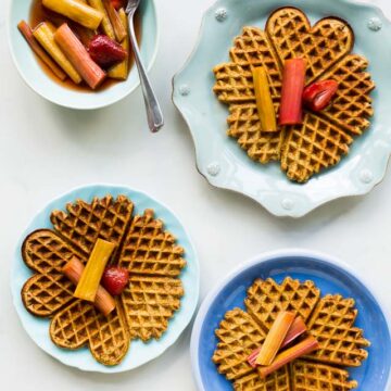 Multigrain waffles with roasted rhubarb | bakeschool.com