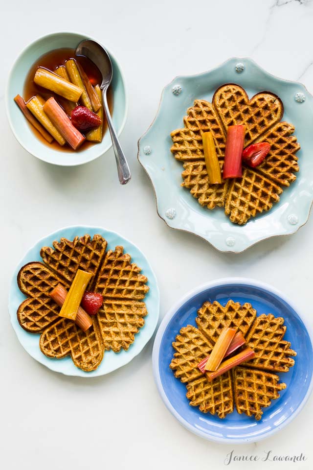 Multigrain waffles with roasted rhubarb | bakeschool.com