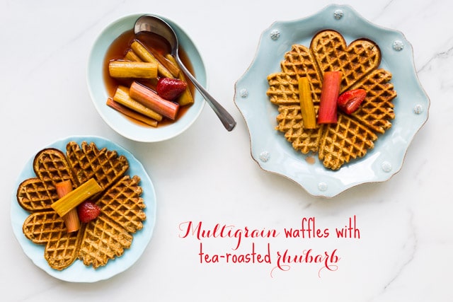 Multigrain waffles with tea-roasted rhubarb | bakeschool.com