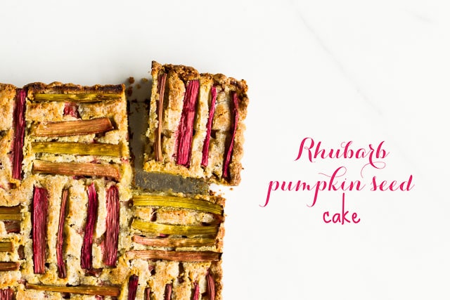 Rhubarb pumpkin seed cake with woven rhubarb pattern arrangement