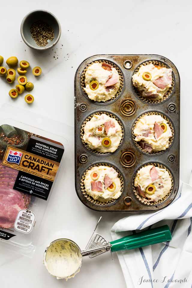 Savoury muffins with Maple Leaf Montreal Steak Spice Capicollo ready for the oven