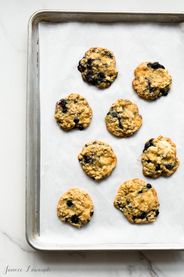 Oatmeal blueberry cookies with white chocolate and rosemary on a parchment-lined sheet pan